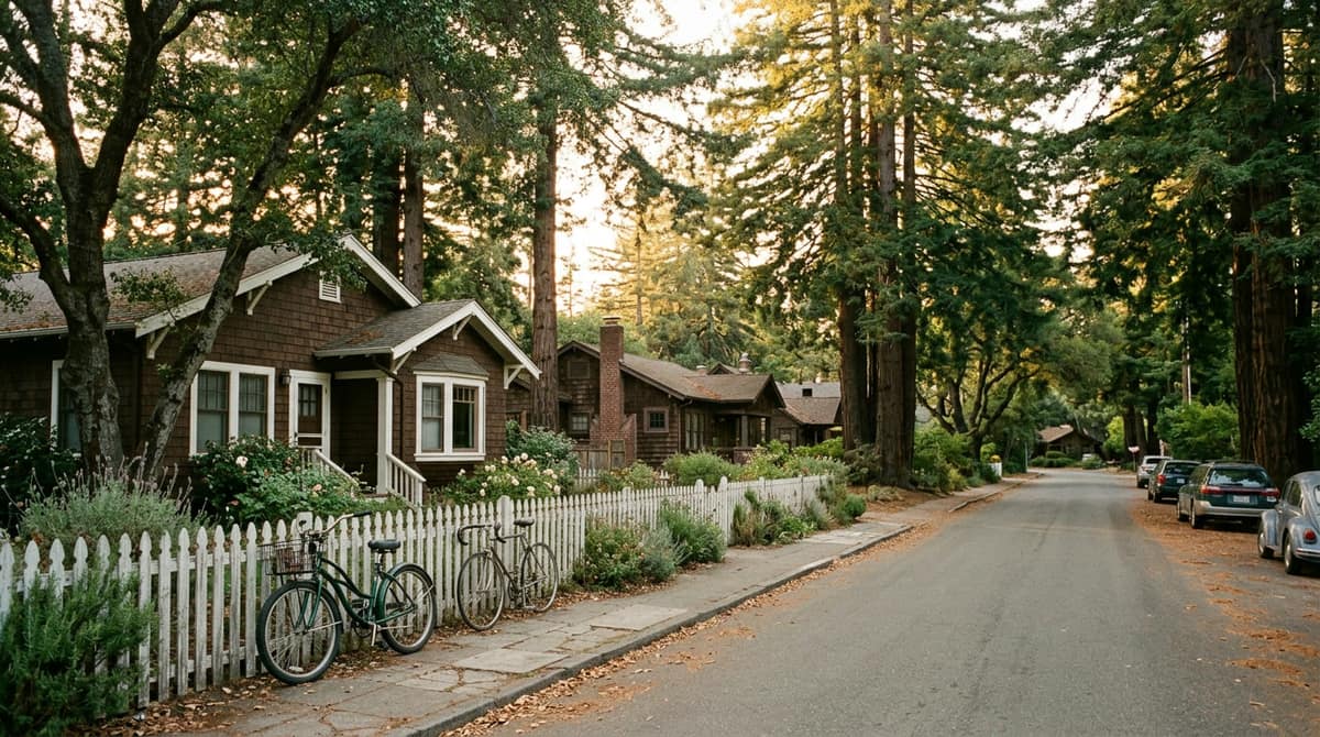 Redwoods and live oaks over a quiet street of shingled houses in late afternoon light