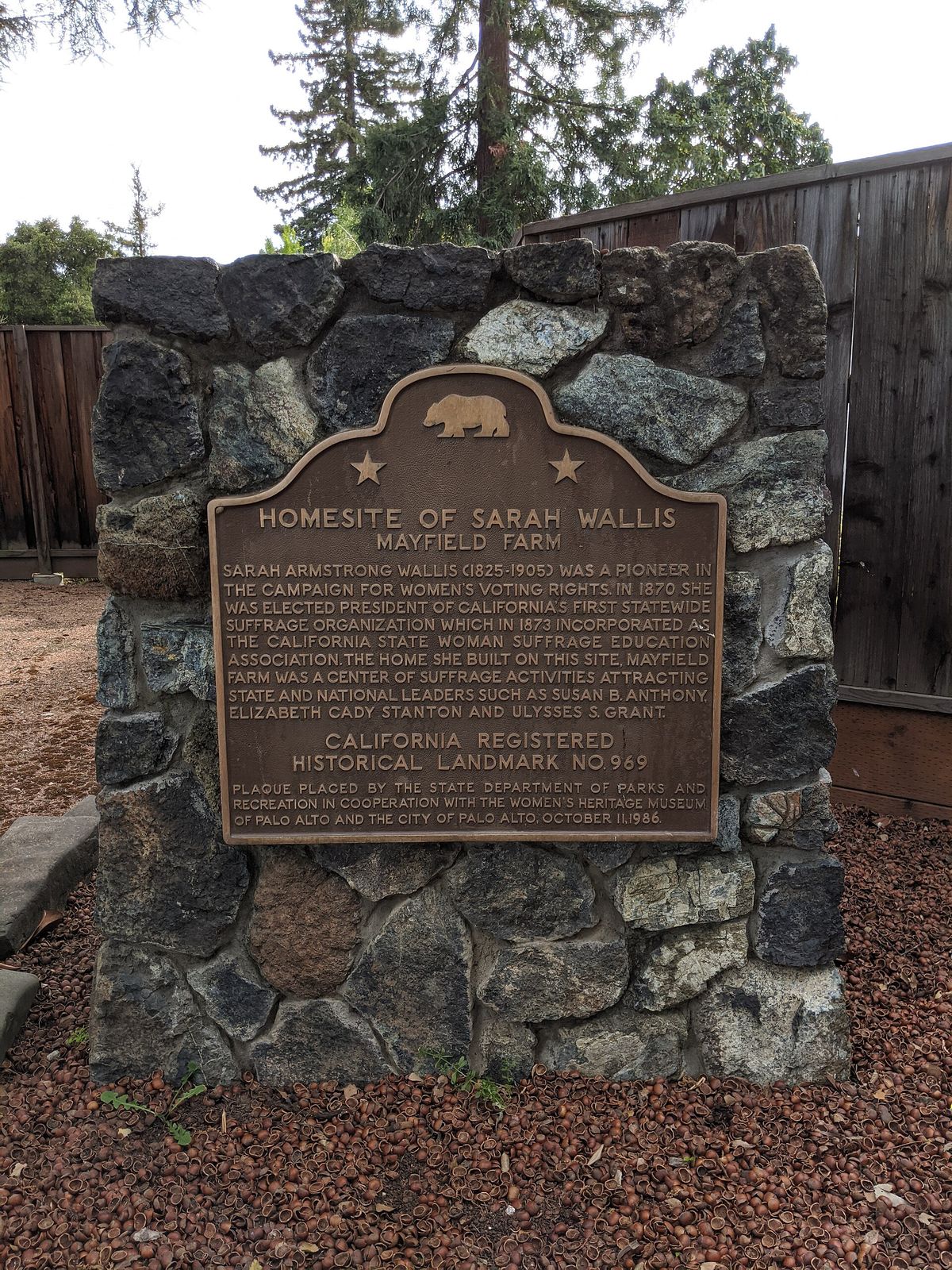 The state landmark plaque for Sarah Wallis's Mayfield Farm