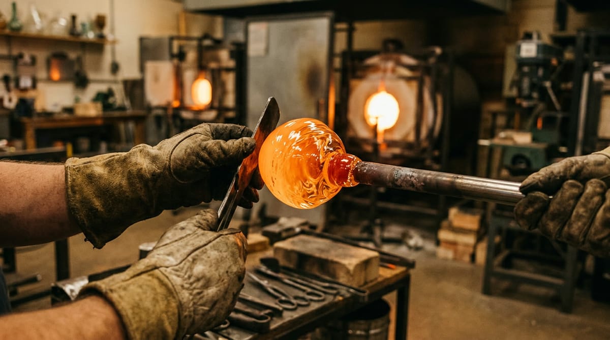 Hands turning molten glass on a blowpipe in a small studio