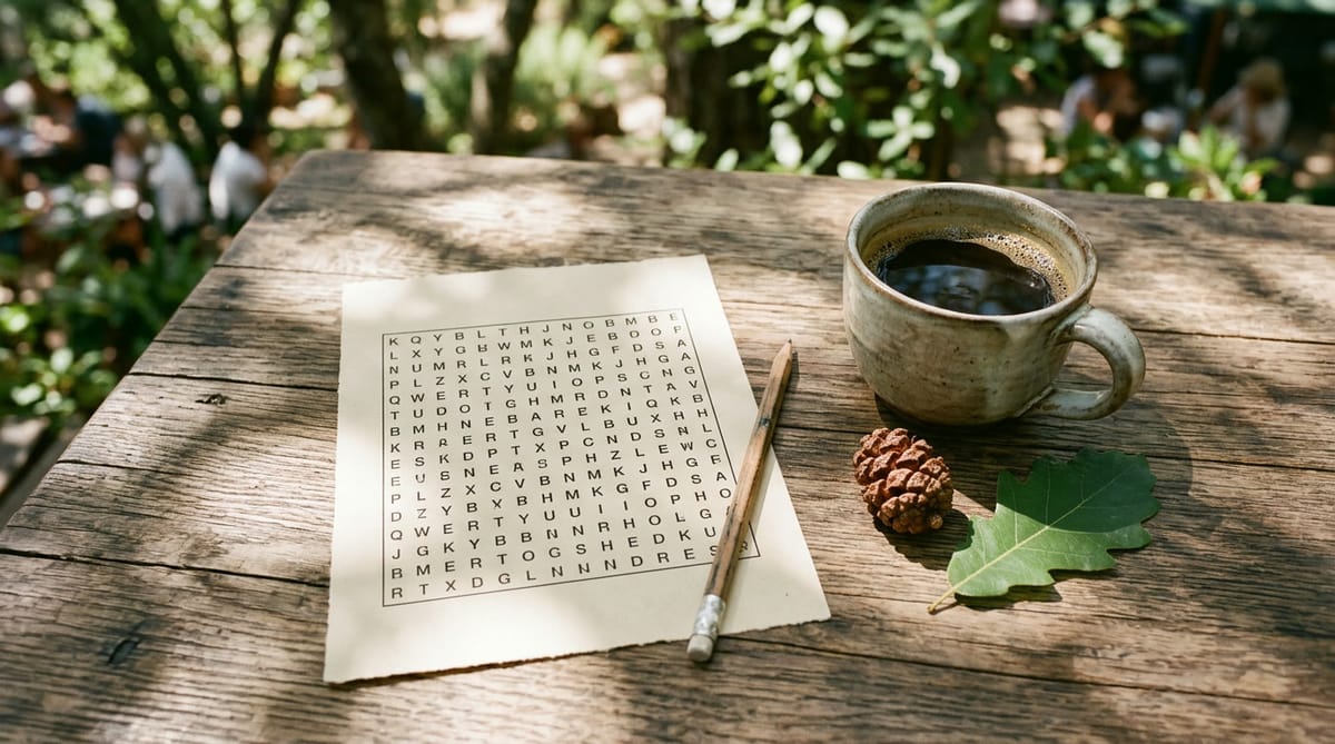 A word search, a pencil, coffee, a redwood cone and an oak leaf on a cafe table