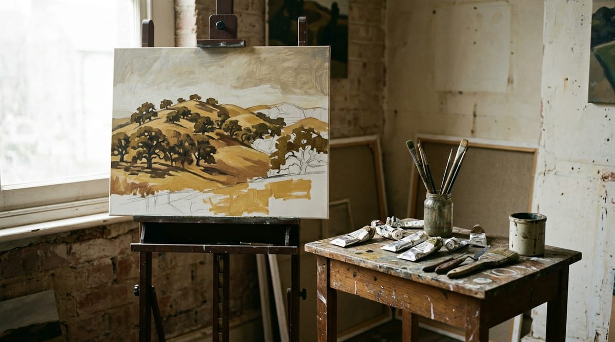 An easel and paints in a small art studio